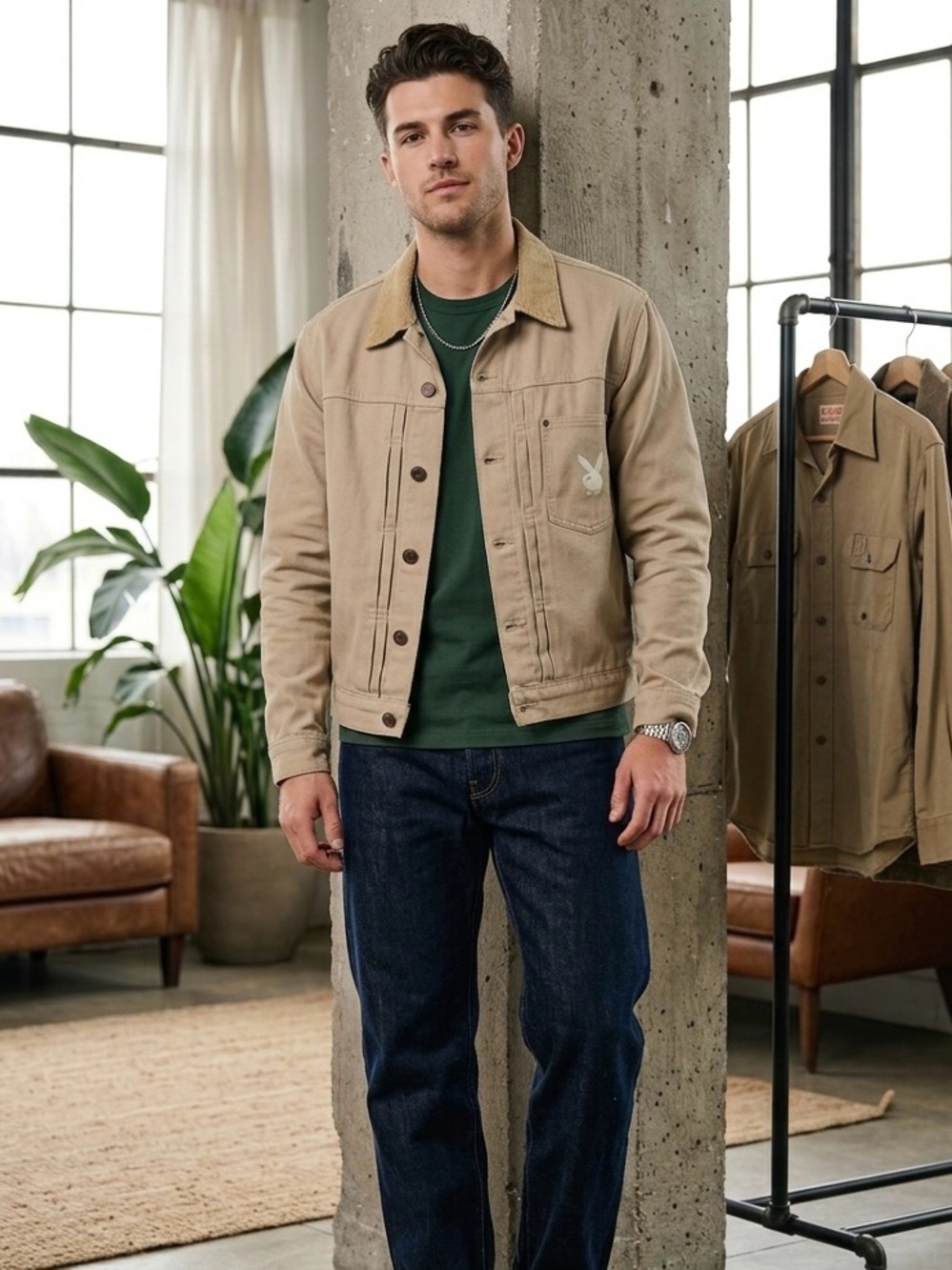 PacSun Men's Tan Corduroy-Collar 100% Cotton Denim Jacket with Playboy Logo